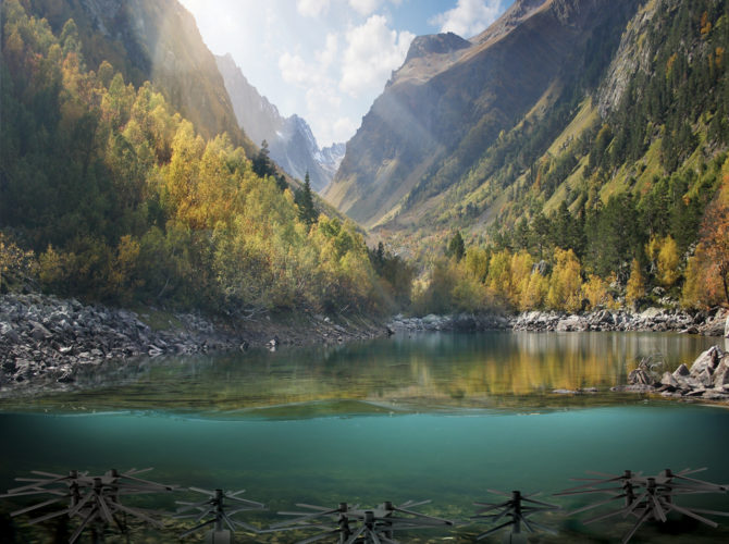 Image showing a pond with mountains in the background and the Essential Shoreline Bundle - Mossback in the foreground.