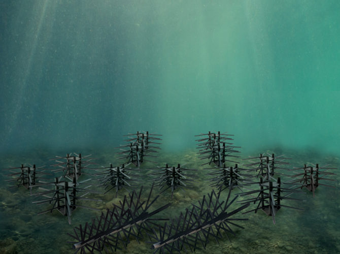 Underwater view of the placement of the Fish City Fish Attractor - Mossback.
