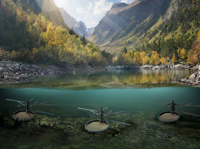 Graphic of a lake with mountains in the background and Spawning Bundle Fish Attractors - Mossback in the foreground.