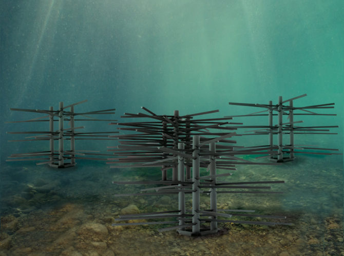 Underwater view of the Ultimate Deep Water Bundle Fish Attractor-Mossback.