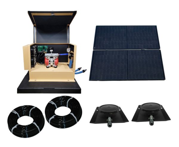 Image of a TurboAir II system with the tan cabinet, two rolls of air hose, two bases and a large solar panel.